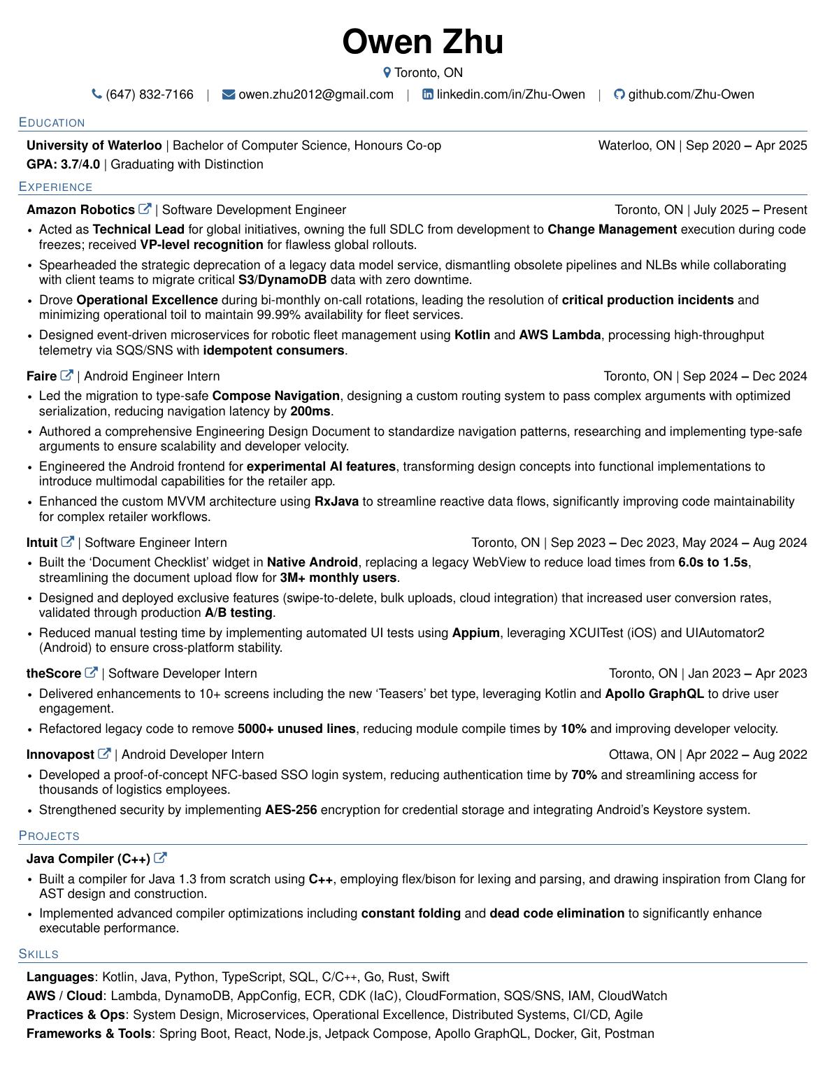Owen Zhu resume preview